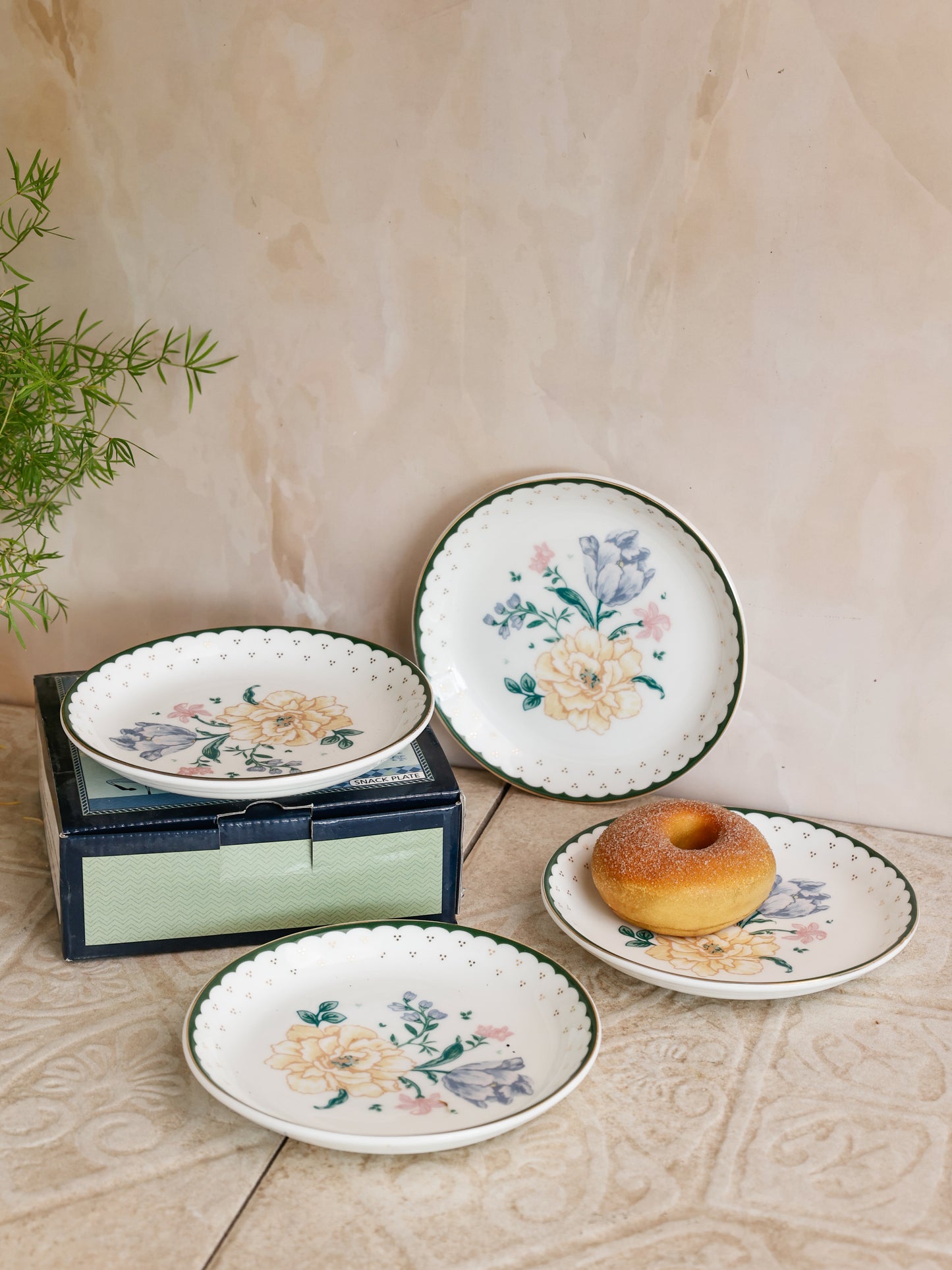 Magique by The Wishing Chair x Clay Craft, Emerald Ribbon Urmi Plates 5.5",  Set of 4 (T03)