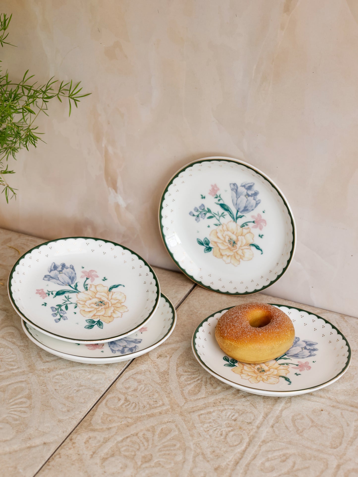 Magique by The Wishing Chair x Clay Craft, Emerald Ribbon Urmi Plates 5.5",  Set of 4 (T03)