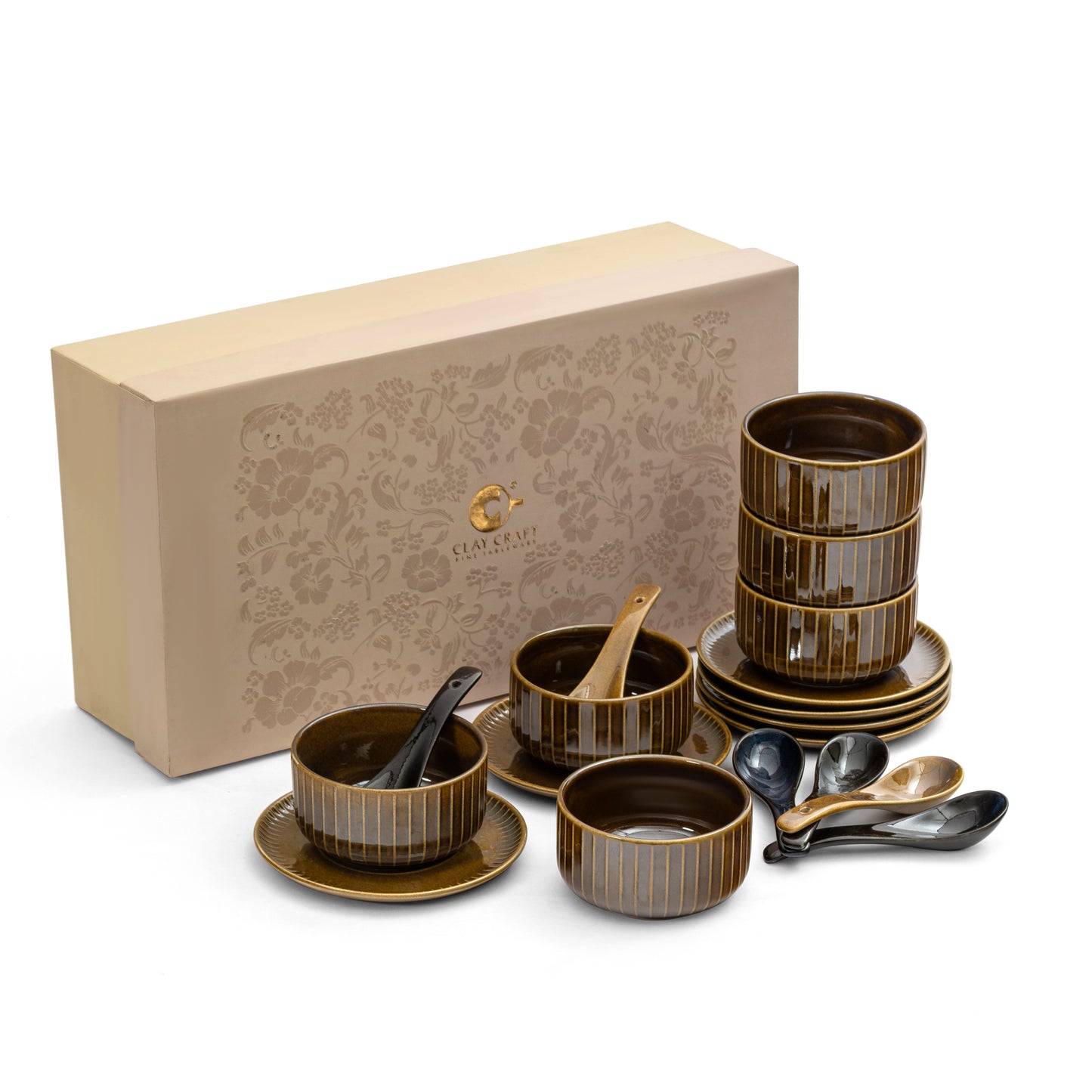 Clay Craft Pebble Golden Brown Ravonna Soup Bowl Gift Set of 18 Pcs