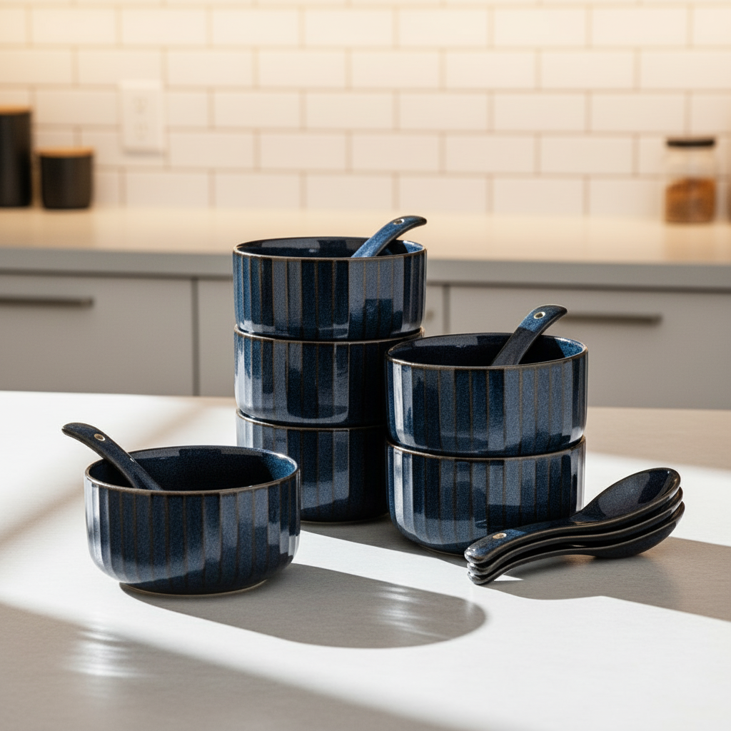 Clay Craft Pebble Mid Night Blue Ravonna Soup Bowl Gift Set of 12 Pcs