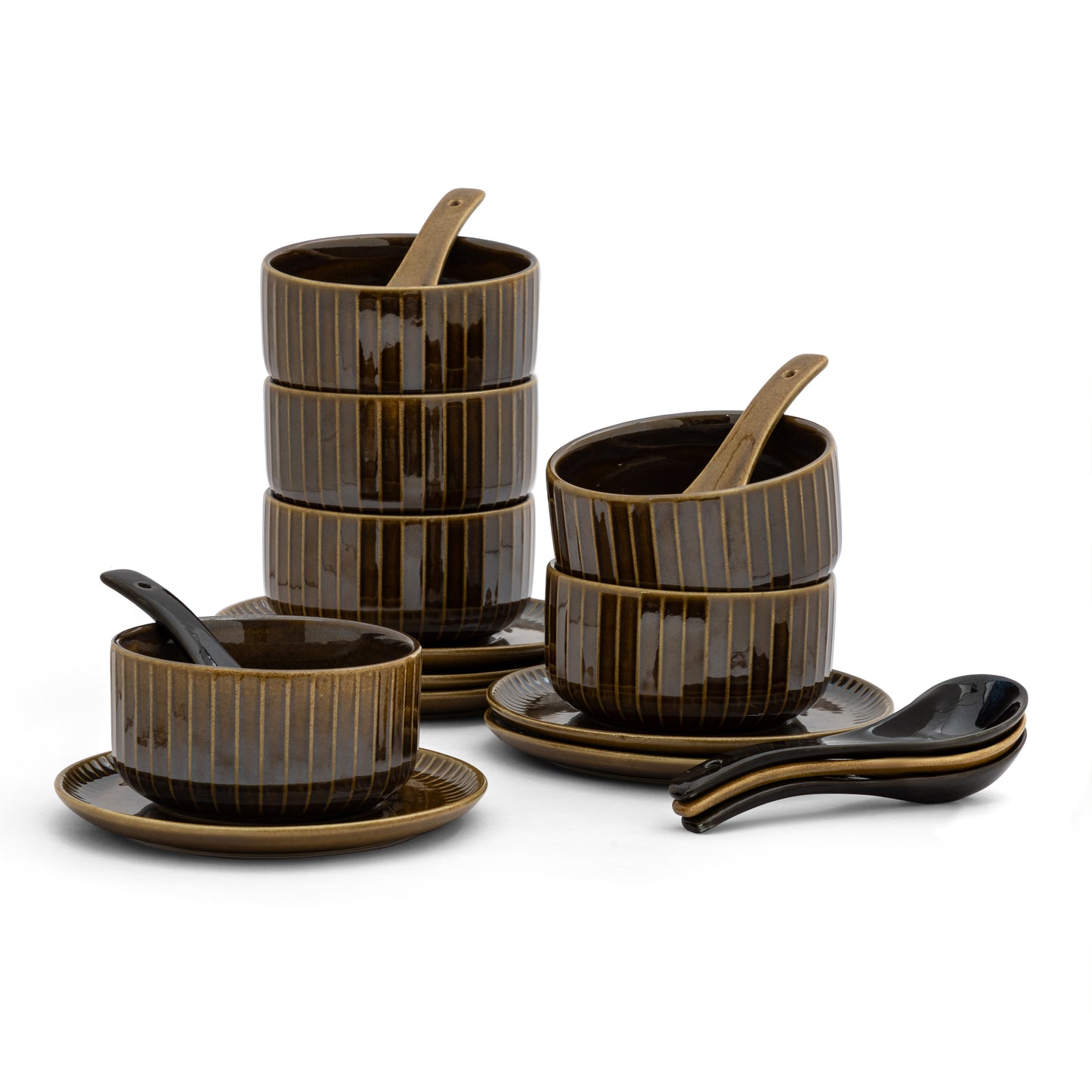 Clay Craft Pebble Golden Brown Ravonna Soup Bowl Gift Set of 18 Pcs