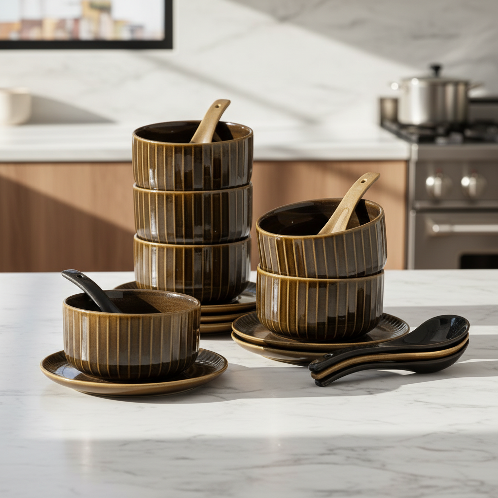 Clay Craft Pebble Golden Brown Ravonna Soup Bowl Gift Set of 18 Pcs