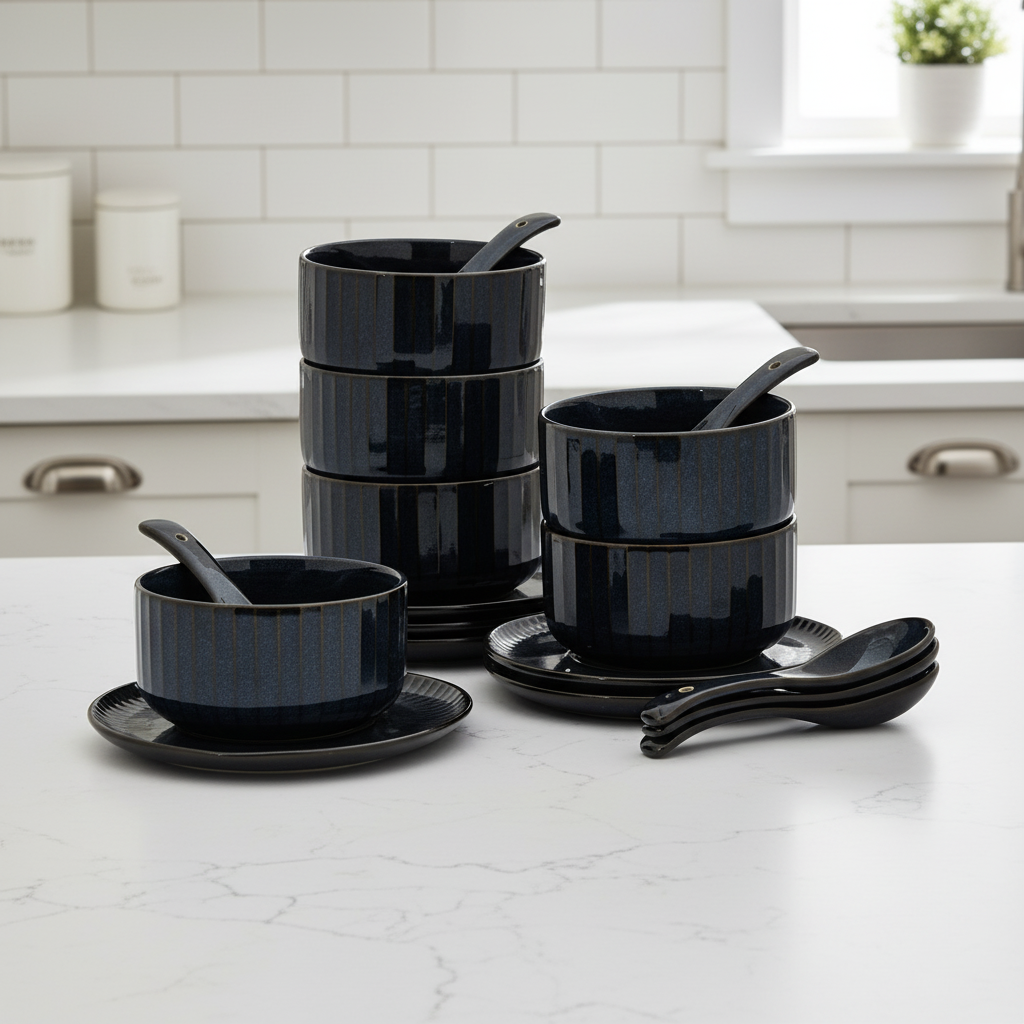 Clay Craft Pebble Mid Night Blue Ravonna Soup Bowl Gift Set of 18 Pcs