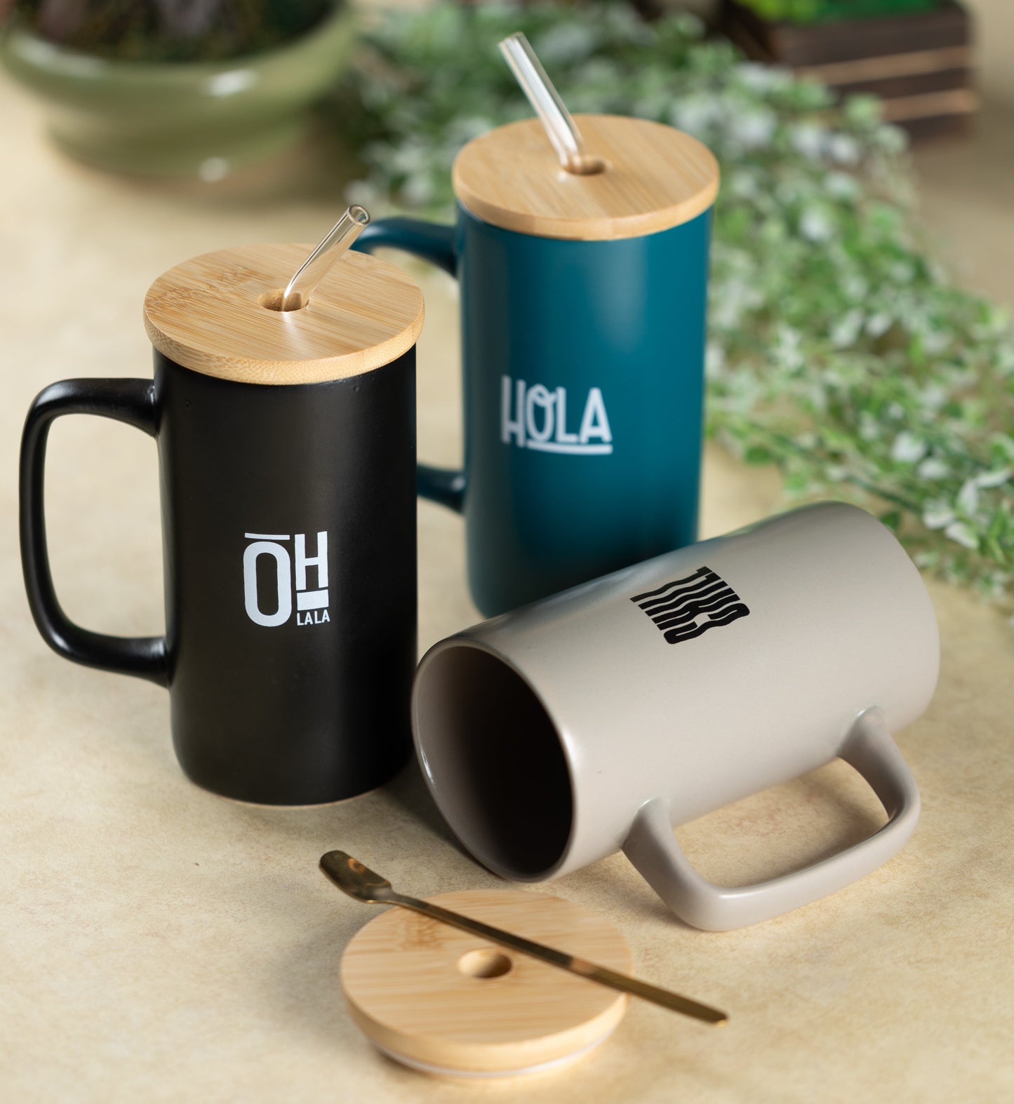 Clay Craft Premium Ceramic Coffee Mug with Bamboo Lid & Straw