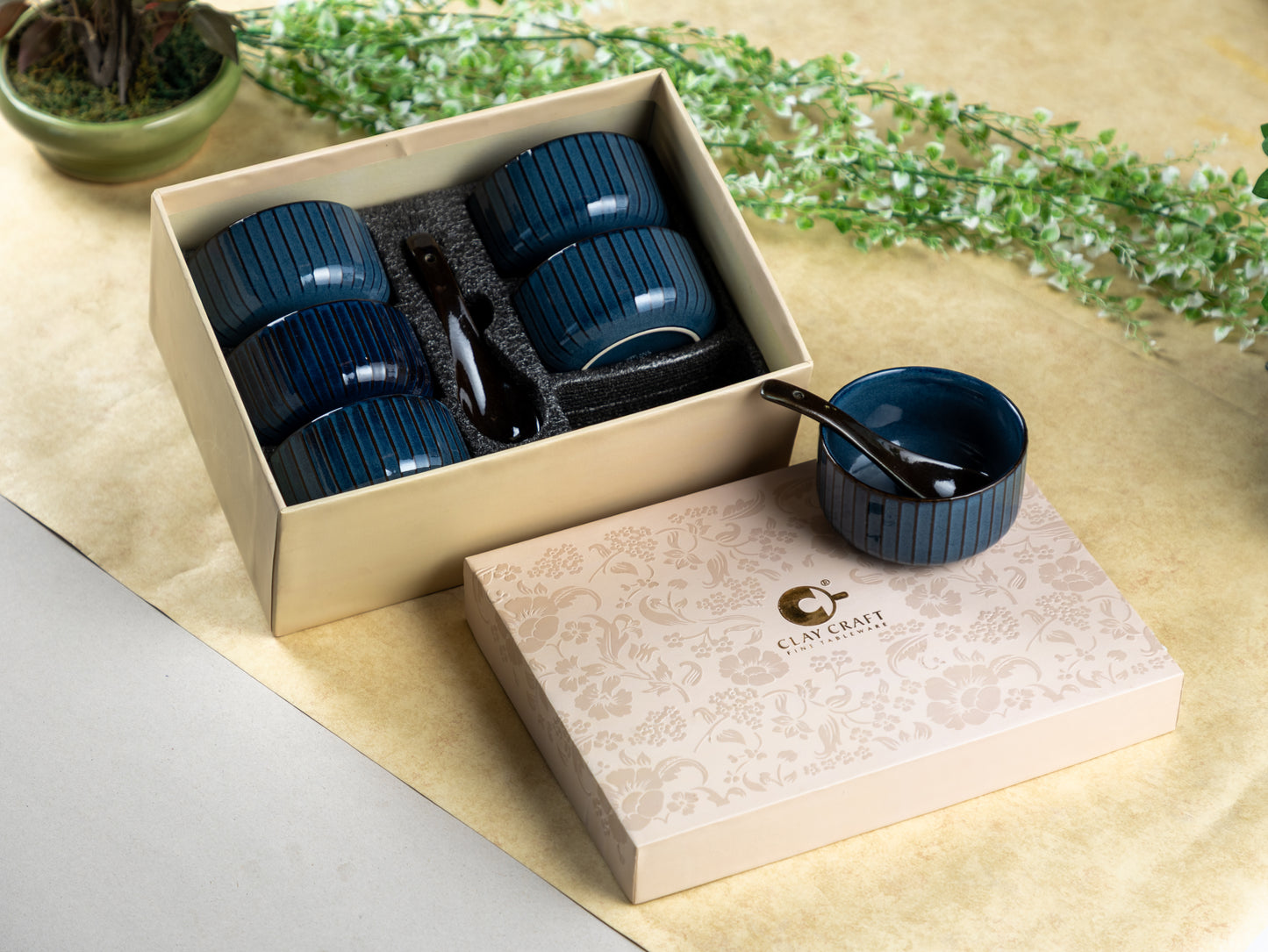 Clay Craft Pebble Mid Night Blue Ravonna Soup Bowl Gift Set of 12 Pcs