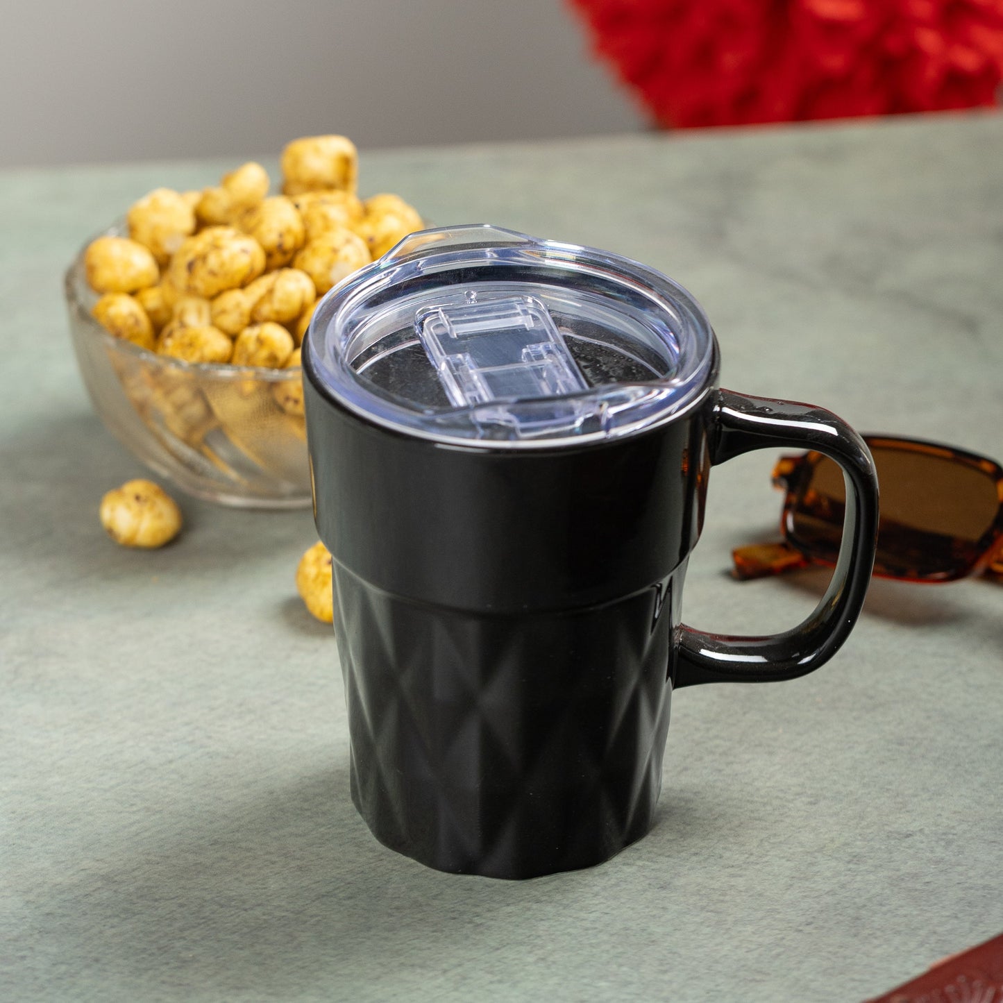 Clay Craft Jewel Diamond Pebble Porcelain Mug with Acrylic Lid, Black, 350ml