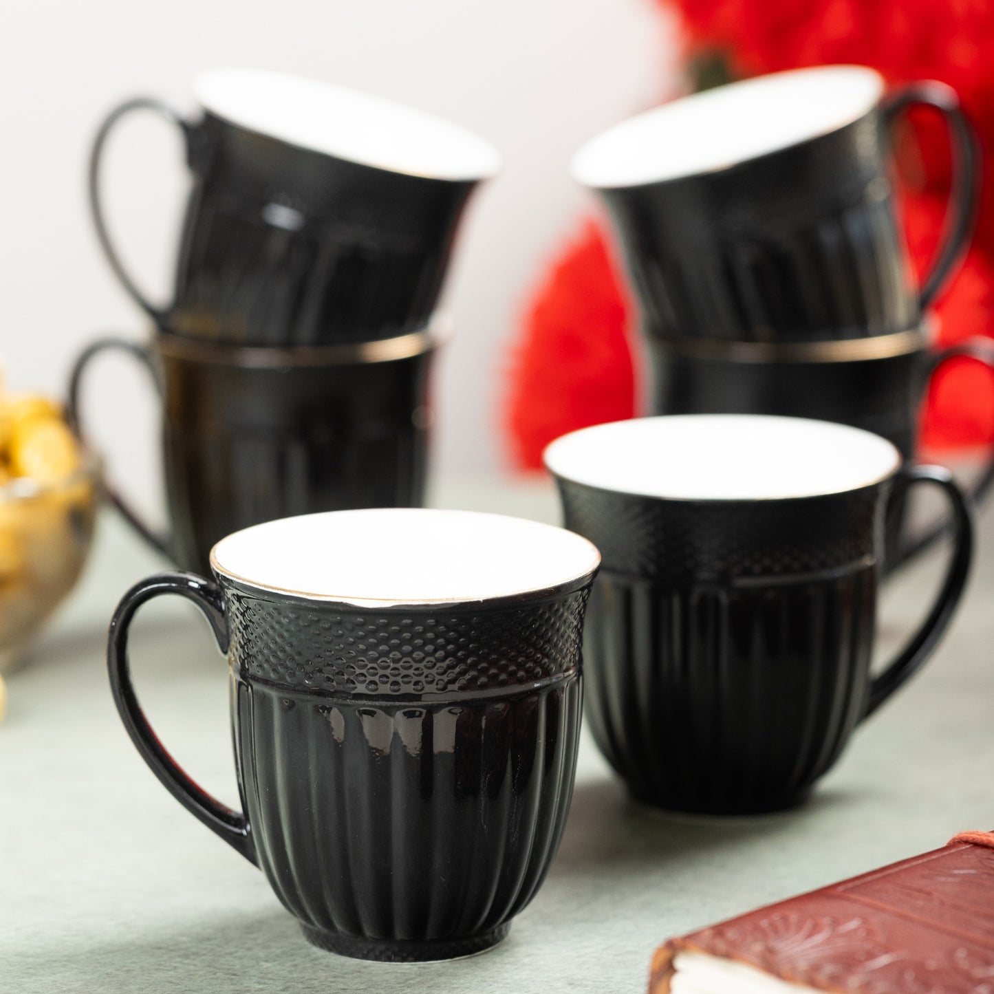 Clay Craft Esha Impression 1300 Coffee & Tea Mugs Set of 6, 200ml, (BLACK)