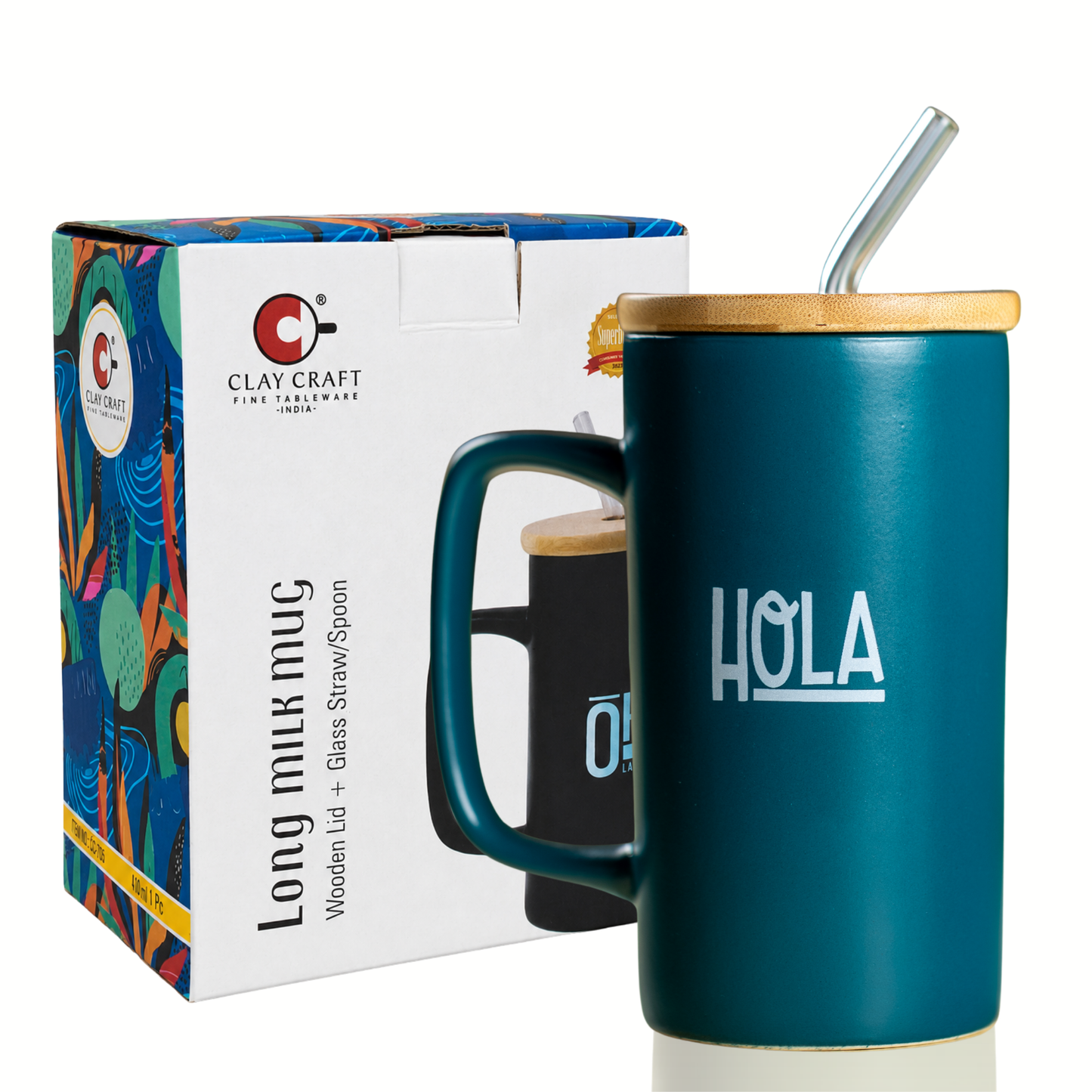 Clay Craft Premium Ceramic Coffee Mug with Bamboo Lid & Straw
