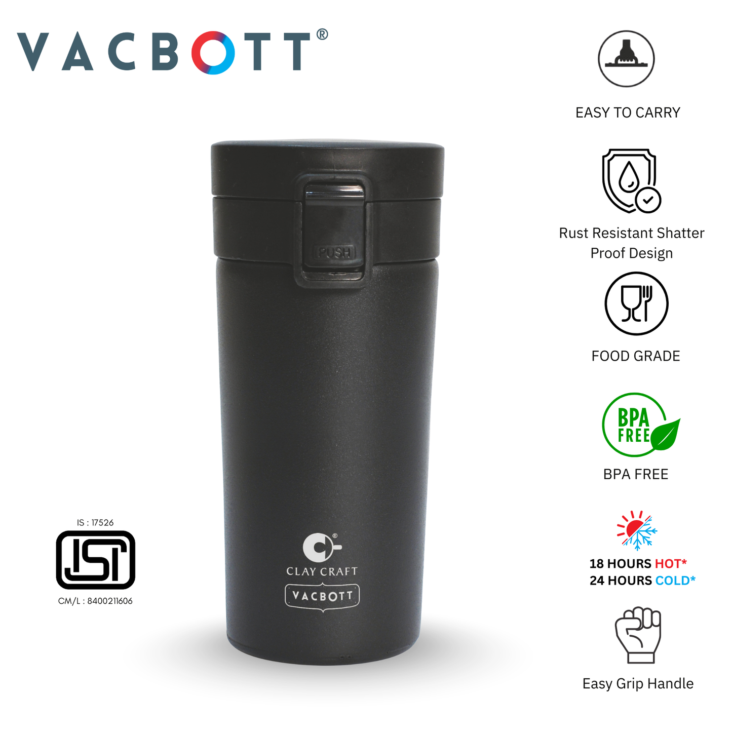 Vacbott Caferoma Vacuum Insulated Double Walled Coffee Tumbler 18 Hrs Hot & 24 Hrs Cold Stainless Steel Flask, BIS Certified, 380ml