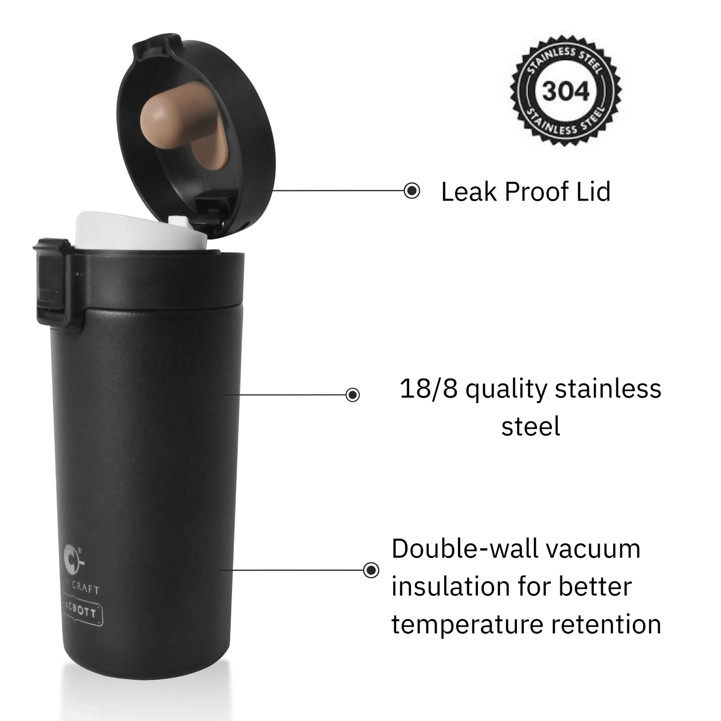 Vacbott Caferoma Vacuum Insulated Double Walled Coffee Tumbler 18 Hrs Hot & 24 Hrs Cold Stainless Steel Flask, BIS Certified, 380ml