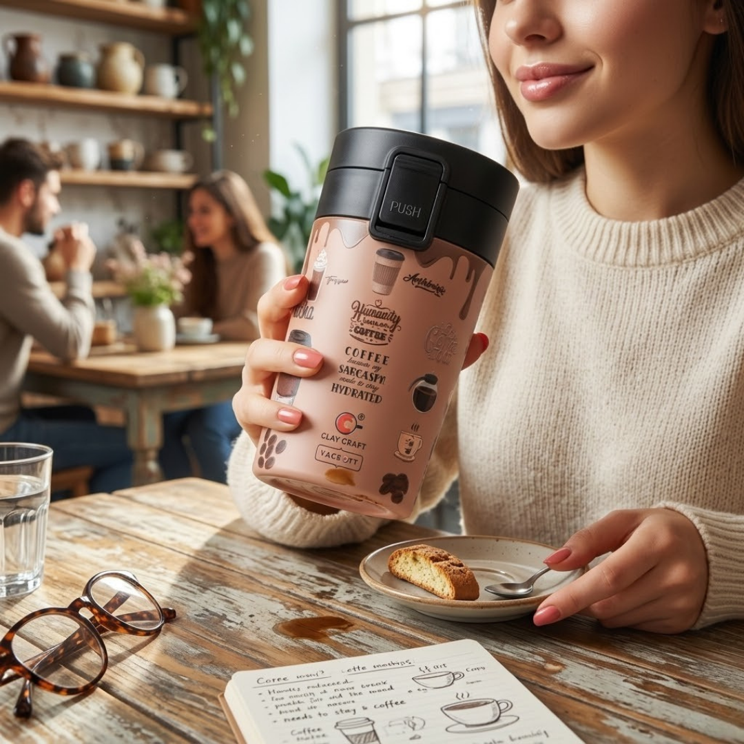 Vacbott Vacuum Insulated Caferoma Printed Tumbler Double Walled Hot 18 Hours and 24 Hours Cold Mug, 280 ml