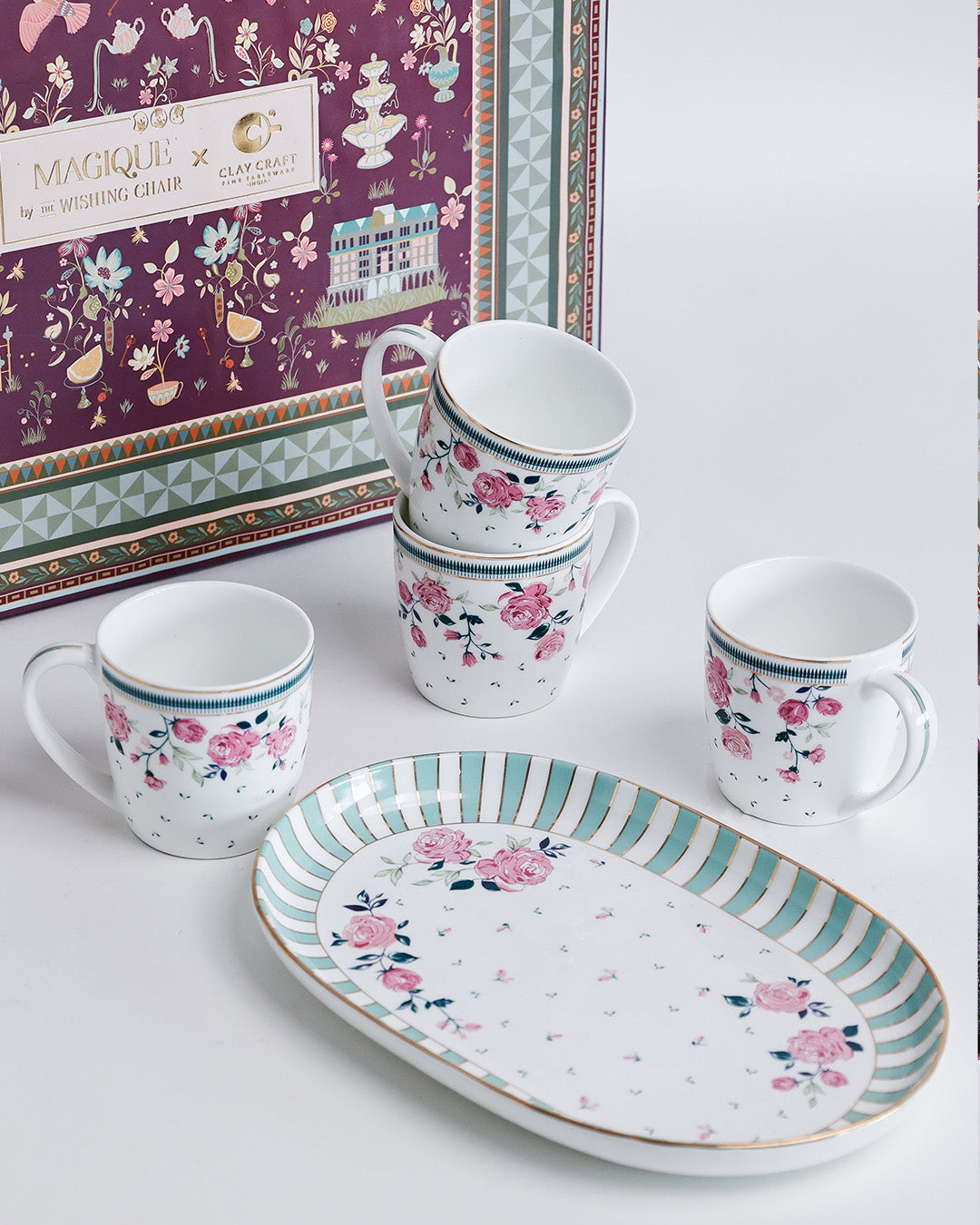 Magique by The Wishing Chair x Clay Craft, Portrait of a Rose 1 Charlie Platter with 4 Alton Mug Set