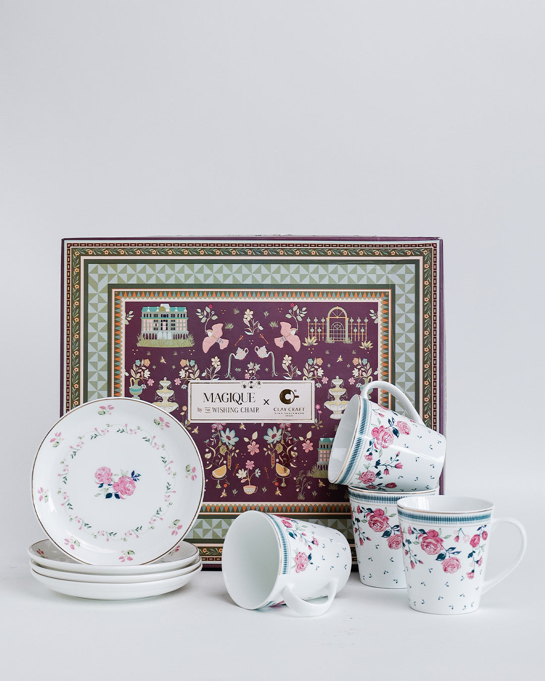 Magique by The Wishing Chair x Clay Craft, Portrait of a Rose Zing Coffee Mug with Dessert Plates Set of 8 Pcs (4 Mugs + 4 Plate)