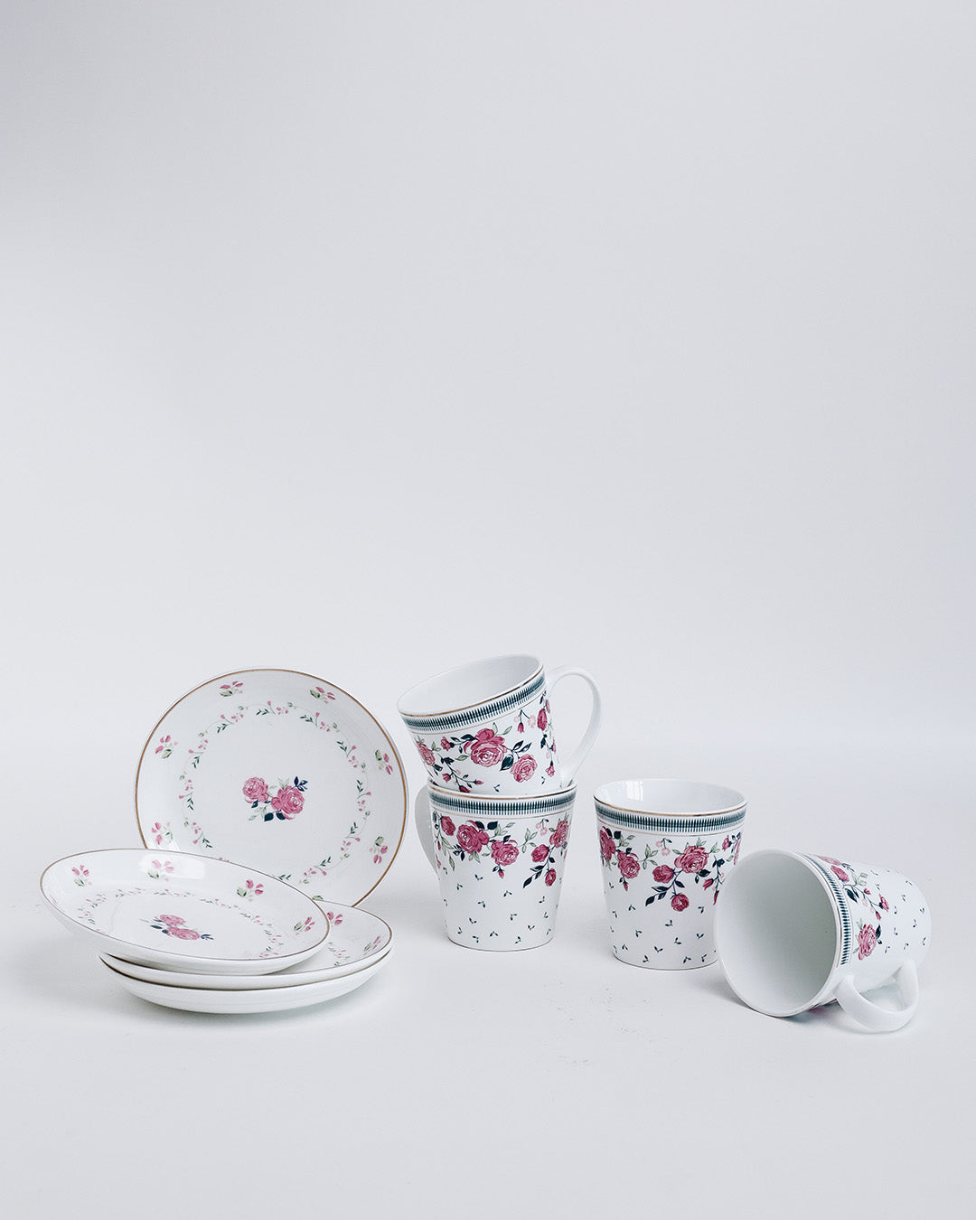 Magique by The Wishing Chair x Clay Craft, Portrait of a Rose Zing Coffee Mug with Dessert Plates Set of 8 Pcs (4 Mugs + 4 Plate)