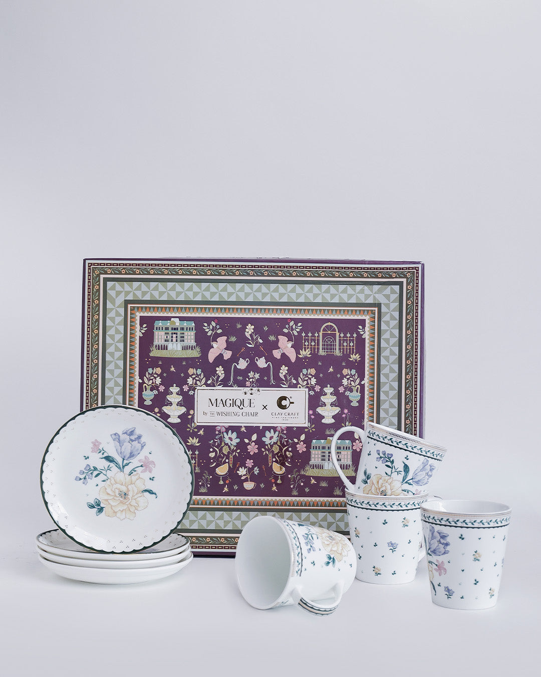 Magique by The Wishing Chair x Clay Craft, Emerald Ribbon Zing Coffee Mug with Dessert Plates Set of 8 Pcs (4 Mugs + 4 Plate)