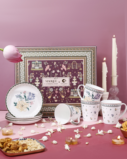 Magique by The Wishing Chair x Clay Craft, Emerald Ribbon Zing Coffee Mug with Dessert Plates Set of 8 Pcs (4 Mugs + 4 Plate)