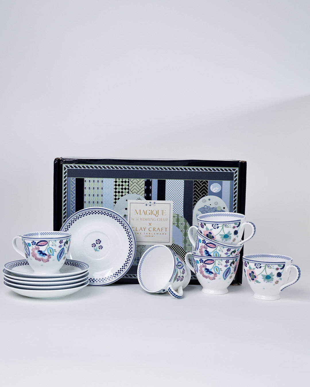 Magique x Clay Craft – Indigo Chintz King Cup & Saucer Set of 12 (180ml)-(T04)