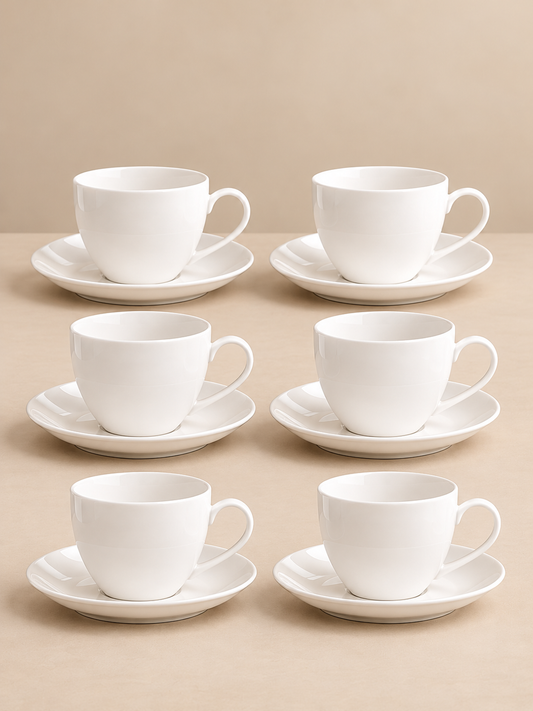 Clay Craft Basics Ceramic Cup & Saucer Set, Cream, 170ml, Plain White, Set of 12