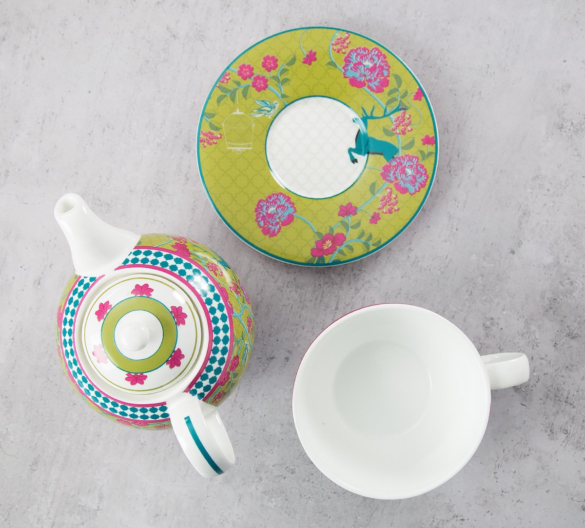 India Circus Nature Essence Paradise Tea For One Set of 3 (1 Tea Pot, 1 Cup and 1 Saucer) - Clay Craft India