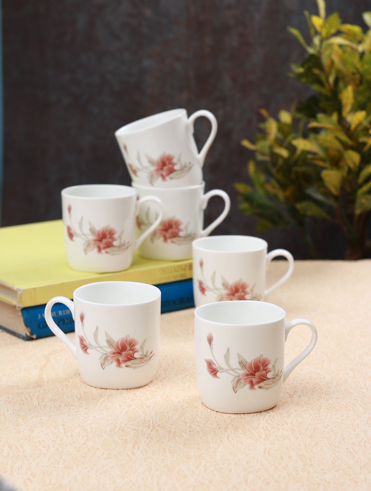 Asian Microwave Safe Floral Coffee & Tea Mugs, 200ml, Set of 6- Clay Craft India