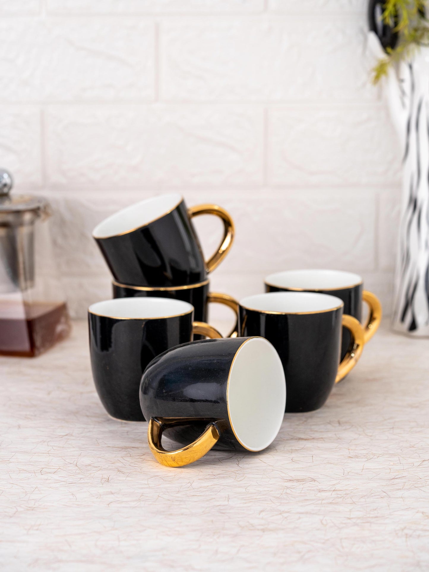 JCPL Ornate Skylight Coffee Mug/ Tea Cup, 220ml, Set of 6, Black