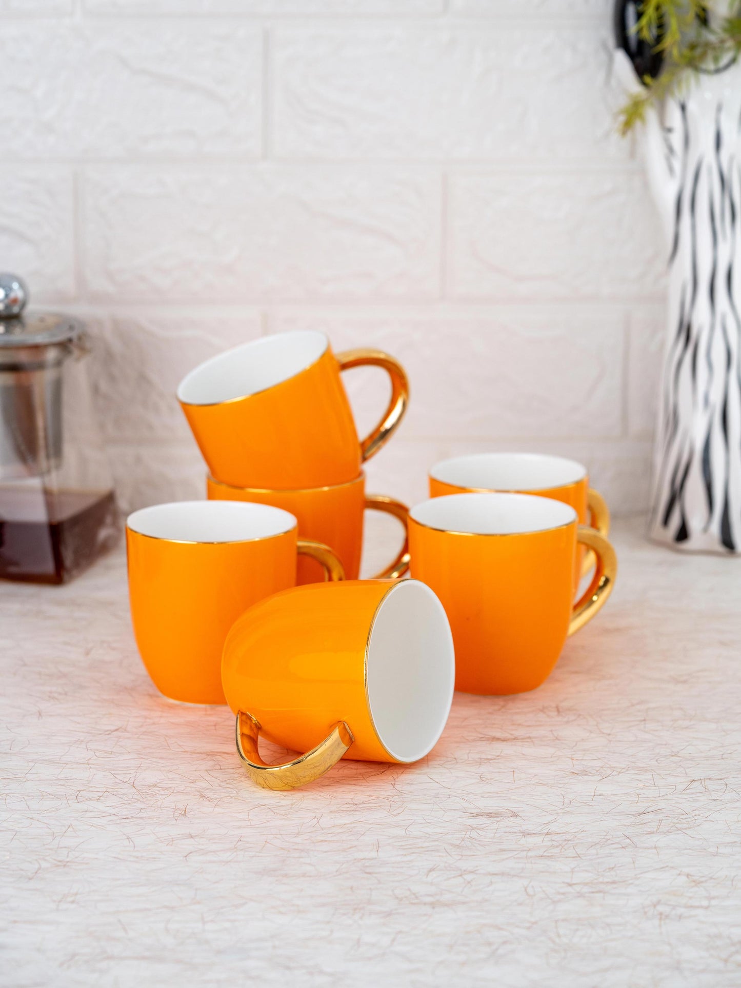 JCPL Ornate Skylight Coffee Mug/ Tea Cup, 220ml, Set of 6, Orange