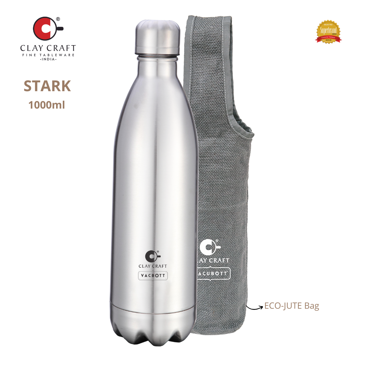 Vacbott Vaccum Bottle, Stark Double Walled 24 Hours Hot and Cold Water Bottle with Bag, Silver