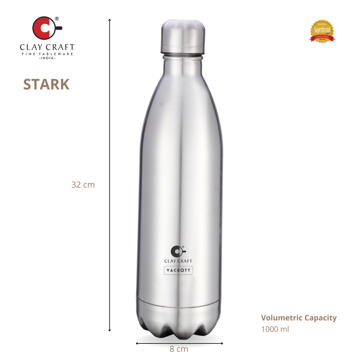 Vacbott Vaccum Bottle, Stark Double Walled 24 Hours Hot and Cold Water Bottle with Bag, Silver