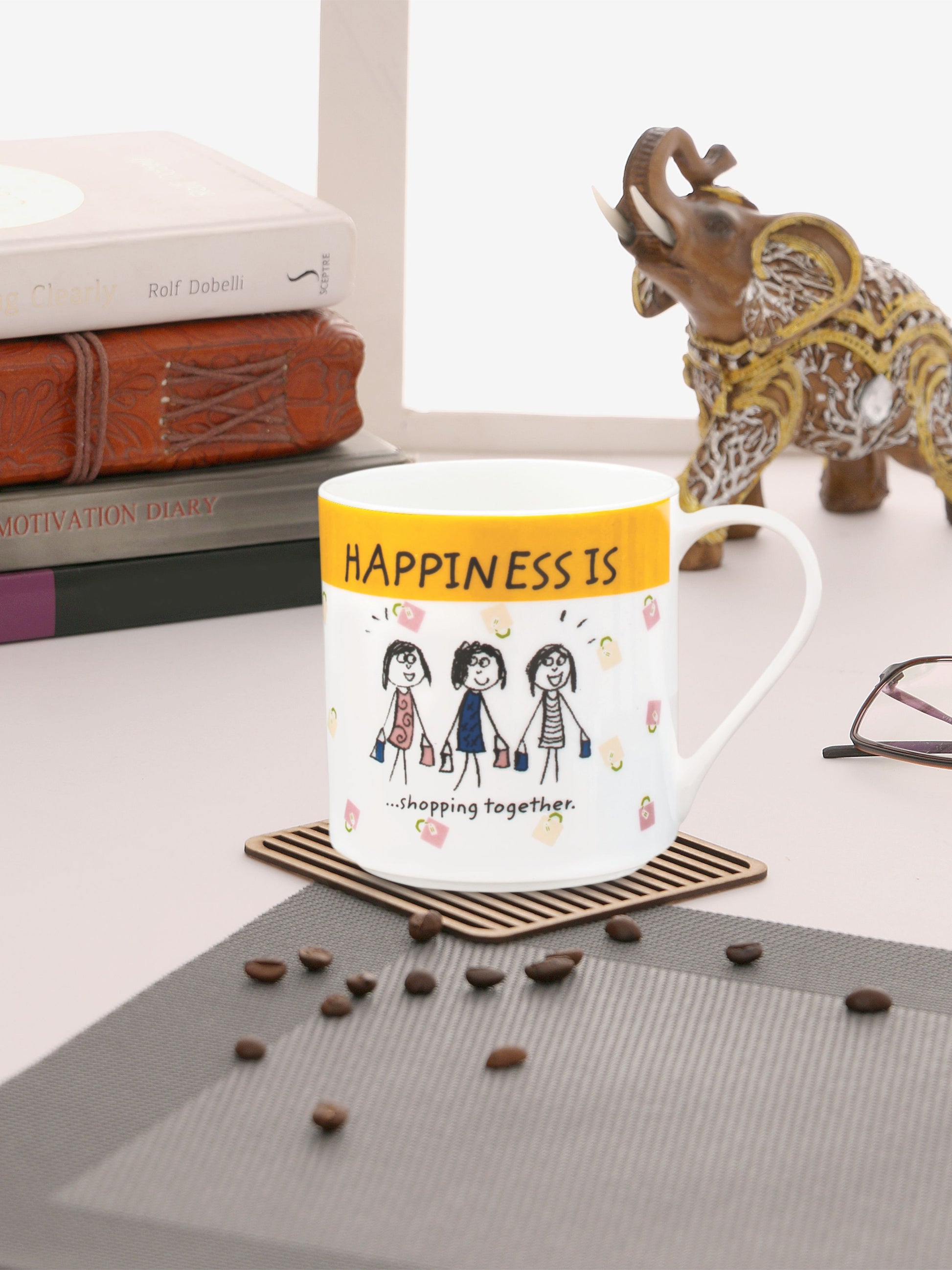 Happiness Shopping Together Ceramic Coffee/ Milk Mug 300ml 1 Piece - Clay Craft India