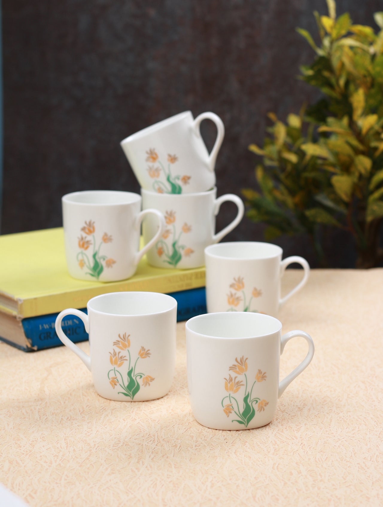 Asian Microwave Safe Floral Coffee & Tea Mugs, 200ml, Set of 6- Clay Craft India