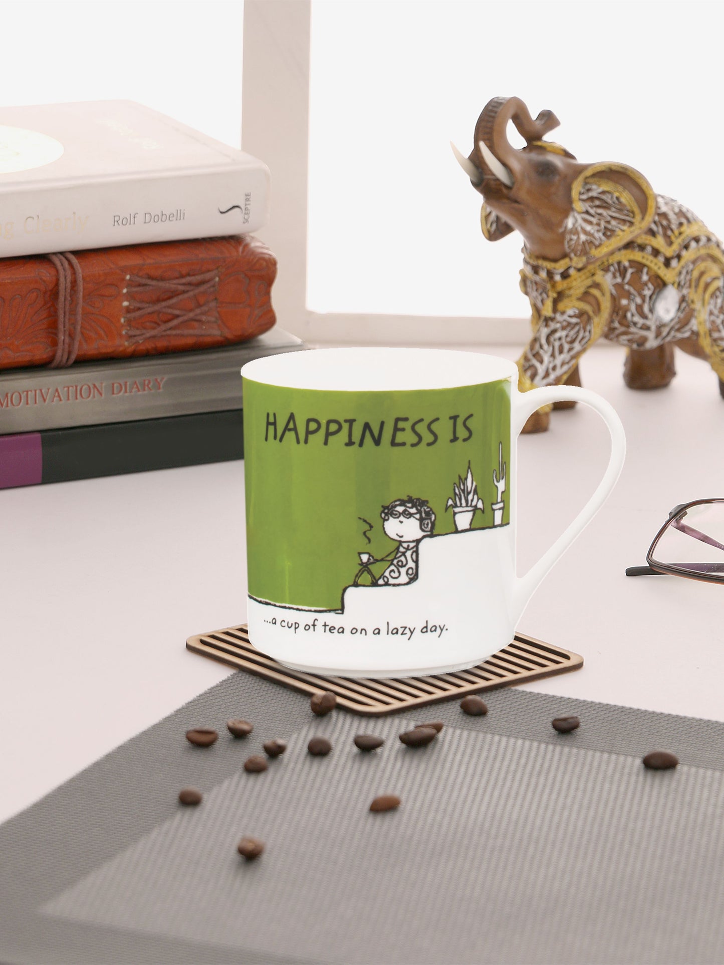 Happiness Lazy Day Ceramic Coffee/ Milk Mug 300ml 1 Piece - Clay Craft India