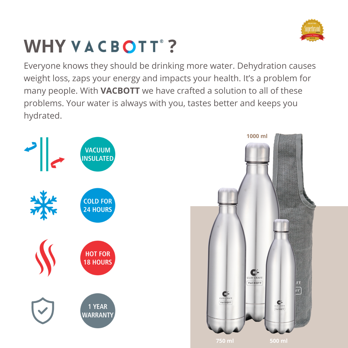Vacbott Vaccum Bottle, Stark Double Walled 24 Hours Hot and Cold Water Bottle with Bag, Silver