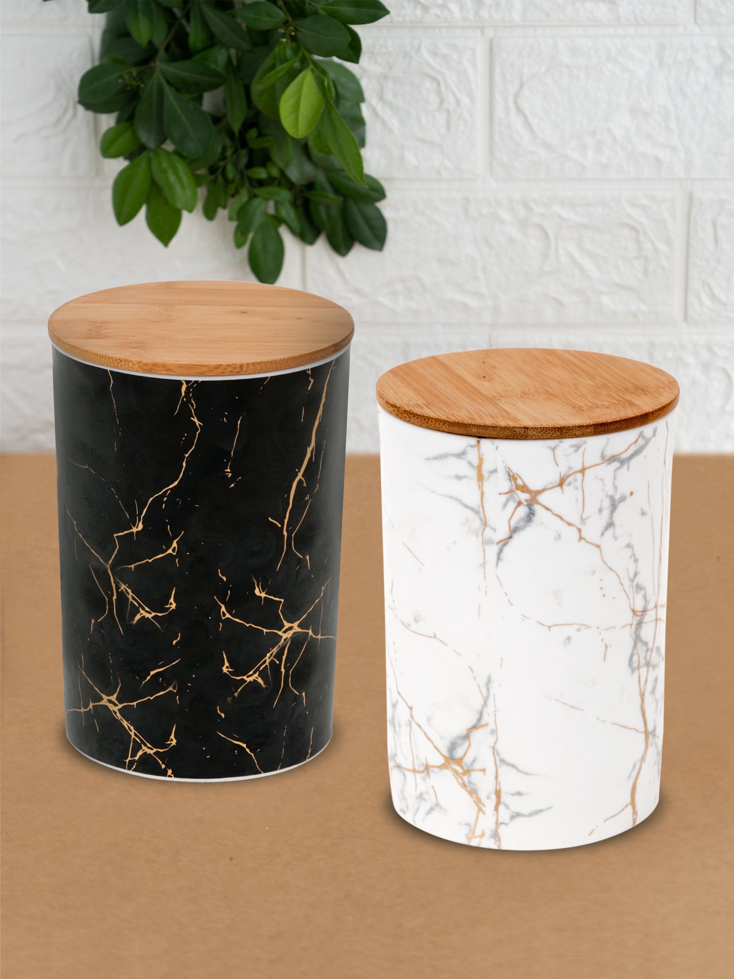Ceramic Big Containers Set with Lids for Storage, Marble Gold Monochrome, 2 pieces