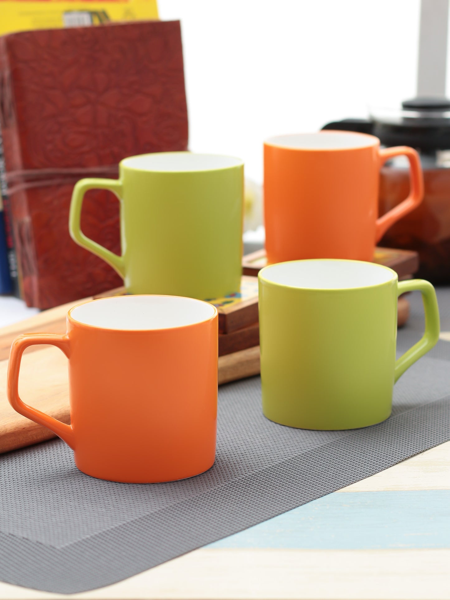 Director Coffee & Tea Mugs, 220ml, Set of 4, Solid Orange Green - Clay Craft India