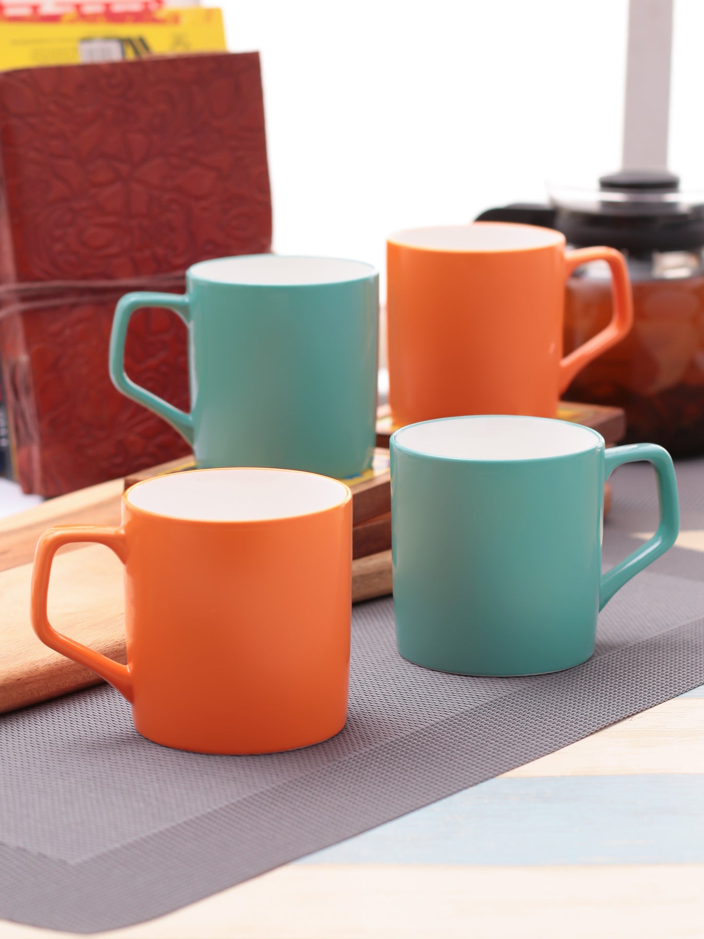 Director Coffee & Tea Mugs, 220ml, Set of 4, Solid Orange Teal - Clay Craft India