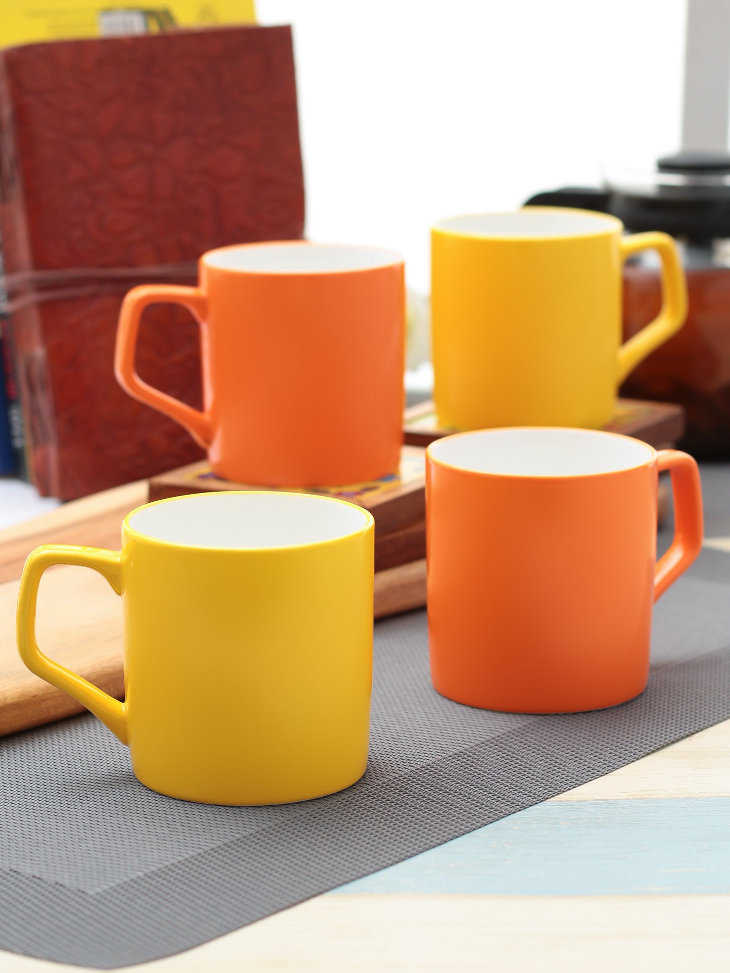 Director Coffee & Tea Mugs, 220ml, Set of 4, Solid Orange Yellow - Clay Craft India