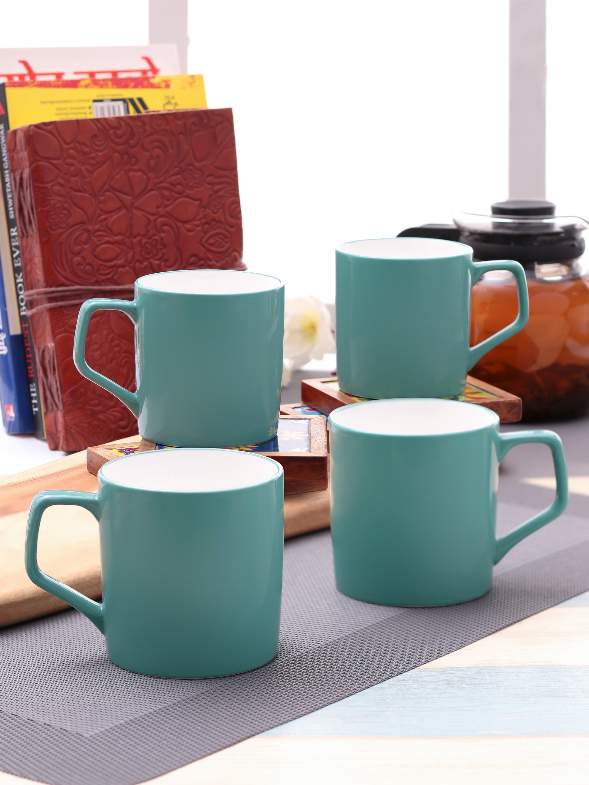 Director Coffee & Tea Mugs, 220ml, Set of 4, Solid Teal - Clay Craft India