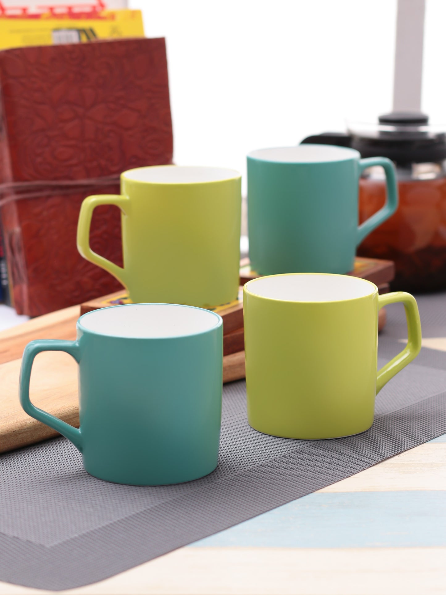 Director Coffee & Tea Mugs, 220ml, Set of 4, Solid Teal Green - Clay Craft India