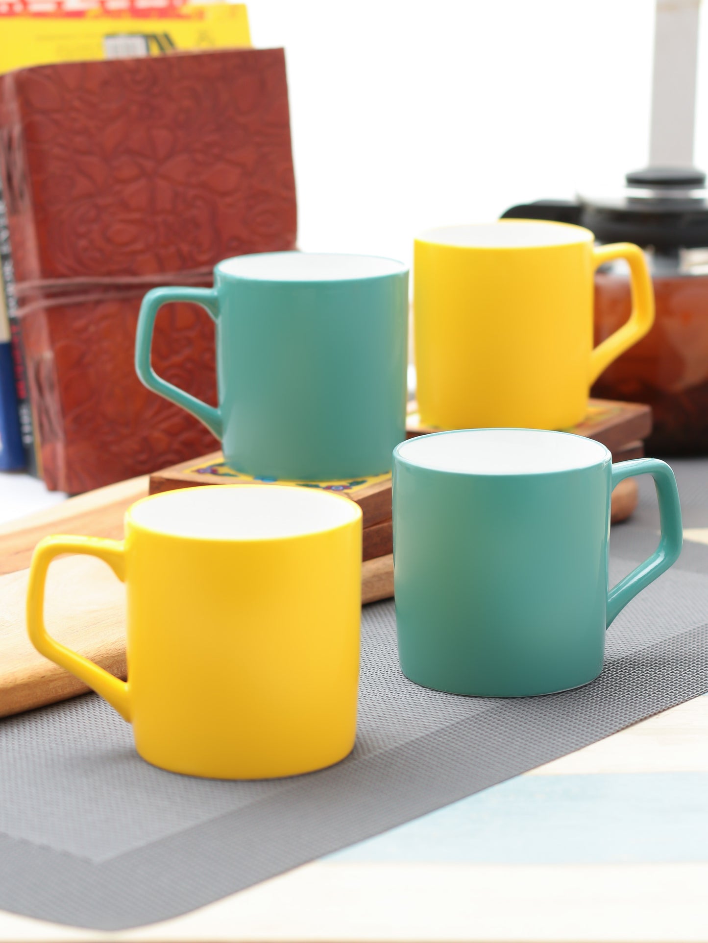 Director Coffee & Tea Mugs, 220ml, Set of 4, Solid Teal Yellow - Clay Craft India