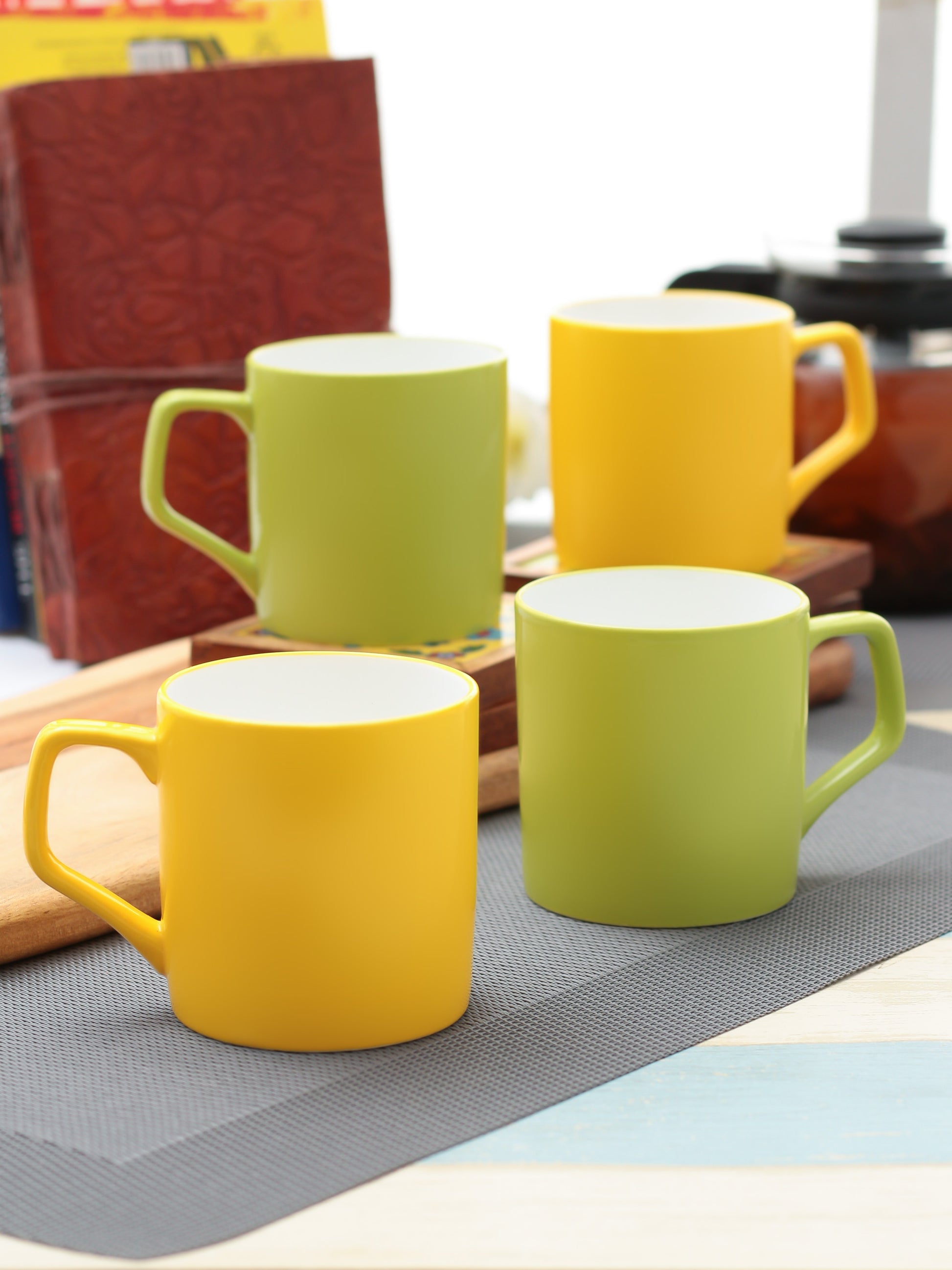Director Coffee & Tea Mugs, 220ml, Set of 4, Solid Yellow Green - Clay Craft India