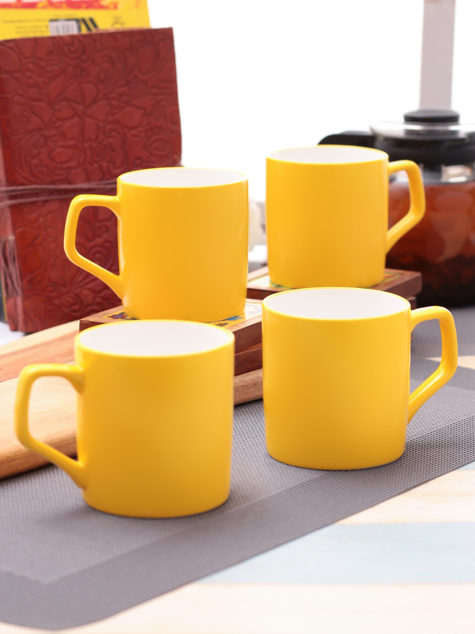 Director Coffee & Tea Mugs, 220ml, Set of 4, Solid Yellow - Clay Craft India