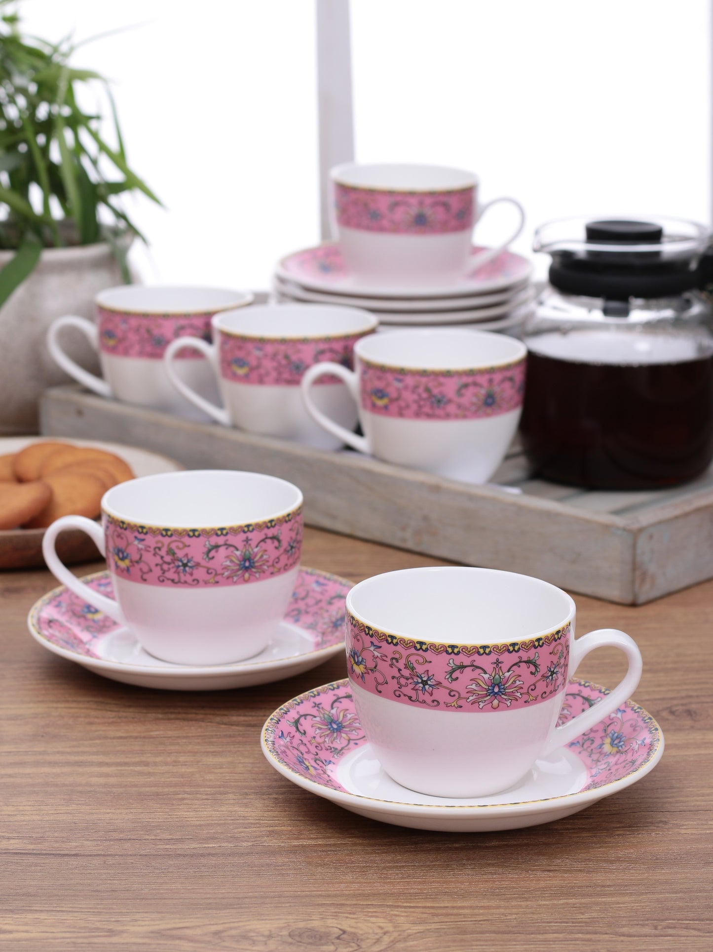 Cream Rose Cup & Saucer, 210ml, Set of 12 (6 Cups + 6 Saucers) (R112)