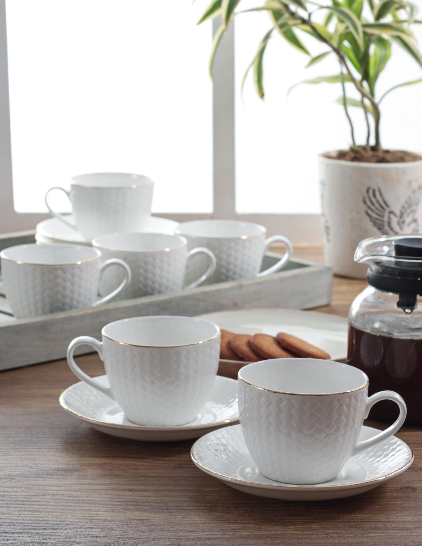 Cane Impression Cup & Saucer, 210ml, Set of 12 (6 Cups + 6 Saucers)