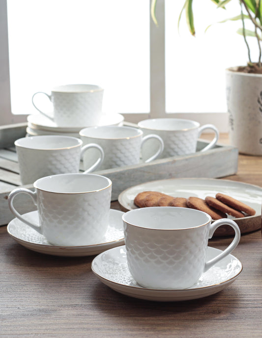 Ripple Impression Cup & Saucer, 130ml, Set of 12 (6 Cups + 6 Saucers) (1101)