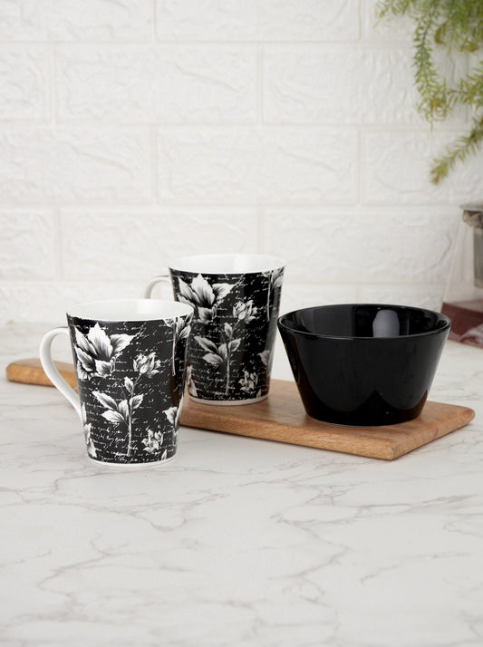 Ceramic Black & White Monochrome Mug and Bowl Snack Set (2 Mugs + 1 Bowl) (MC716)