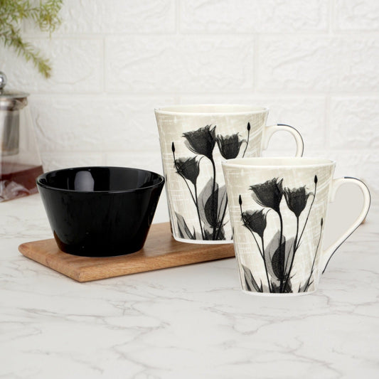 Ceramic Black & White Monochrome Mug and Bowl Snack Set (2 Mugs + 1 Bowl) (MC717)