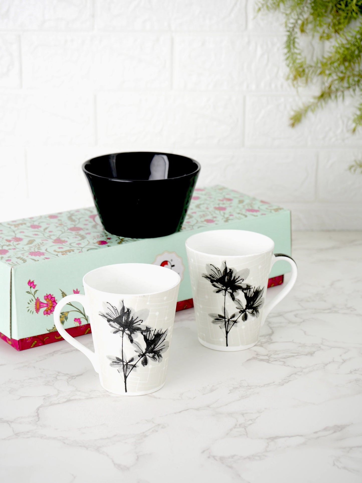 Ceramic Black & White Monochrome Mug and Bowl Snack Set (2 Mugs + 1 Bowl) (MC718)