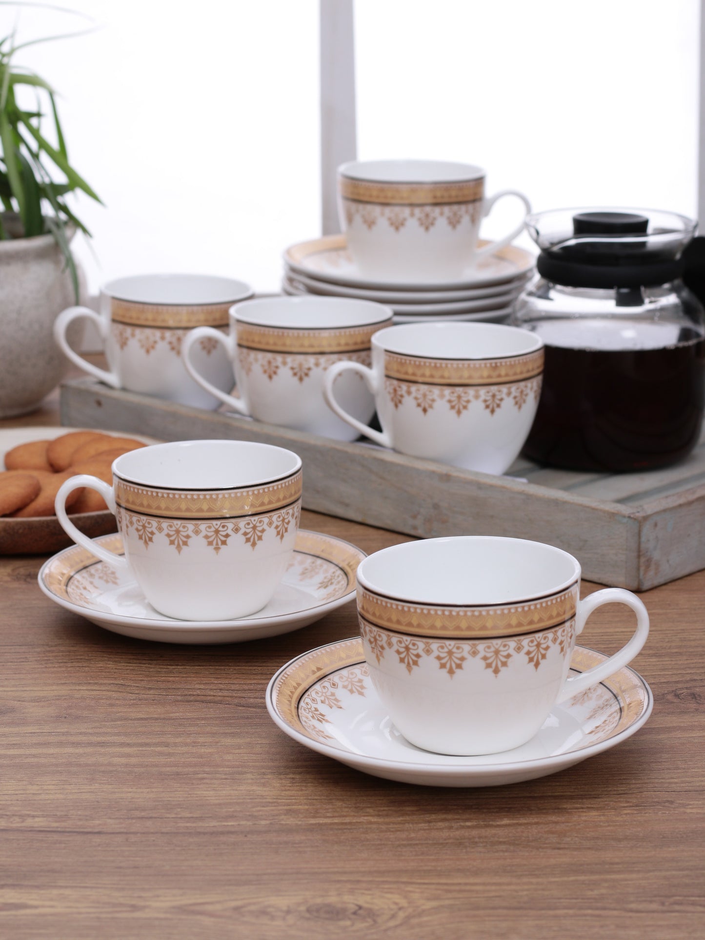 Cream Super Cup & Saucer, 210ml, Set of 12 (6 Cups + 6 Saucers) (S370)
