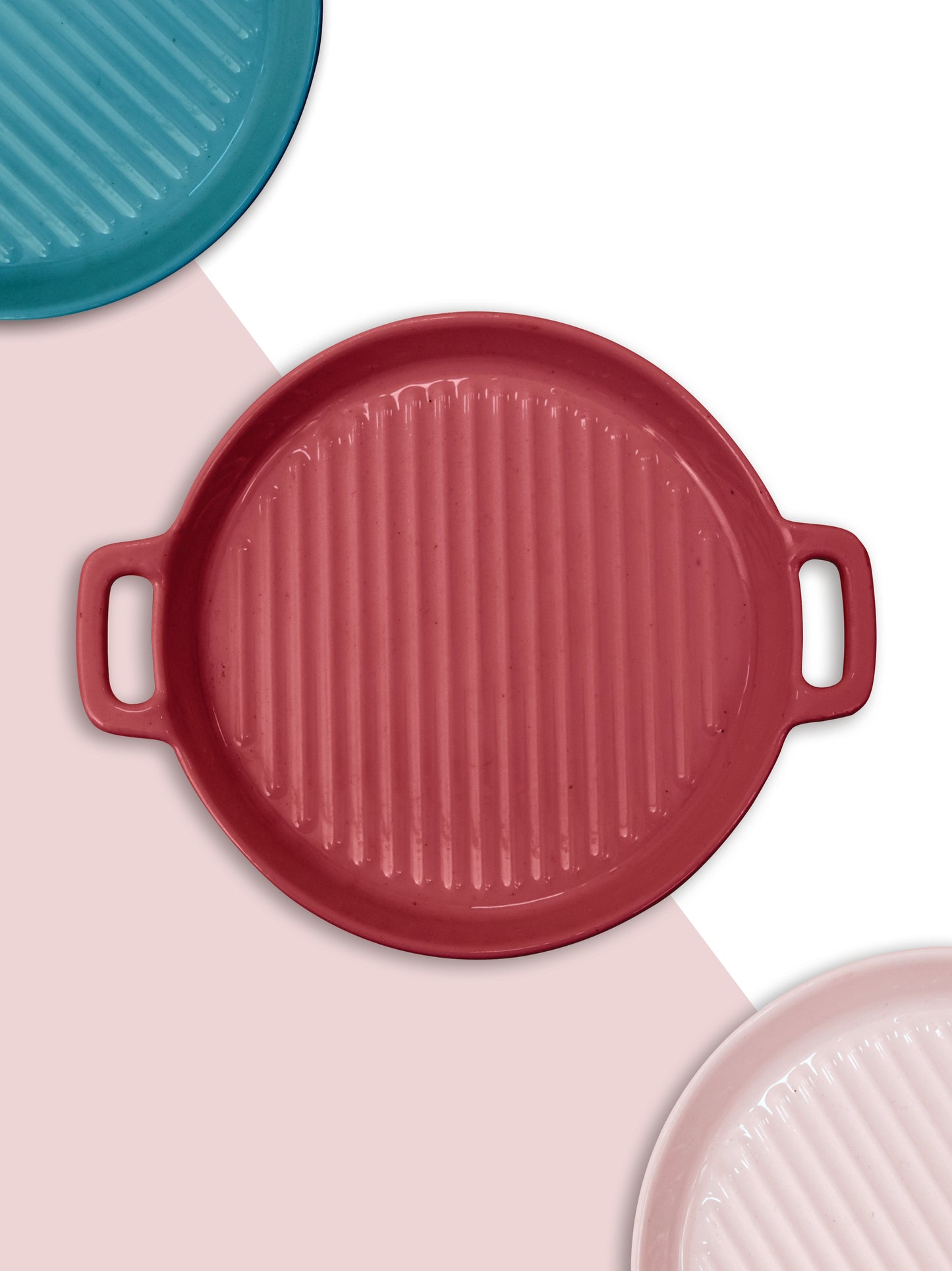 Ceramic Round with Handle Grill Plates for Serving, Red