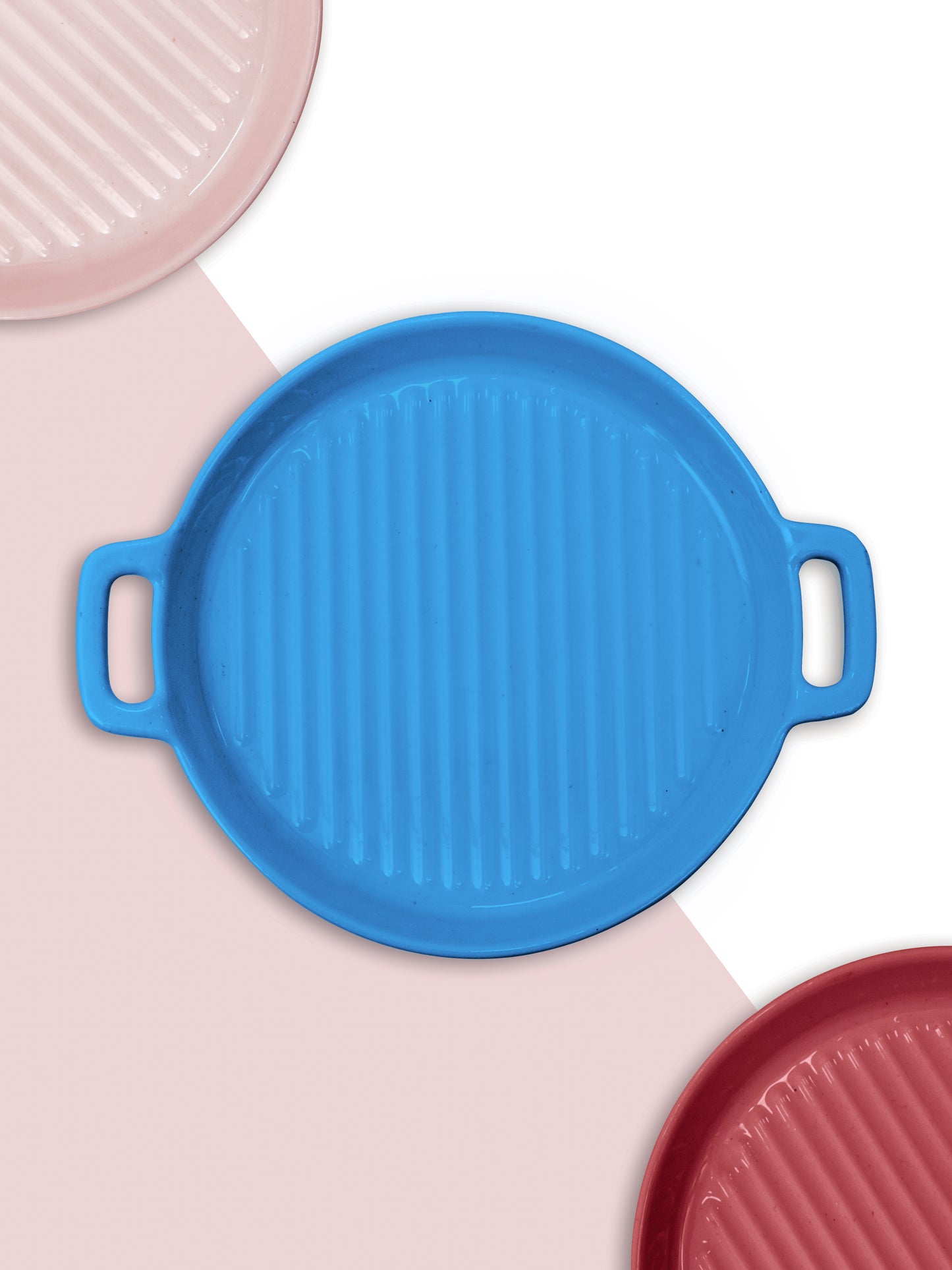 Ceramic Round with Handle Grill Plates for Serving, Blue